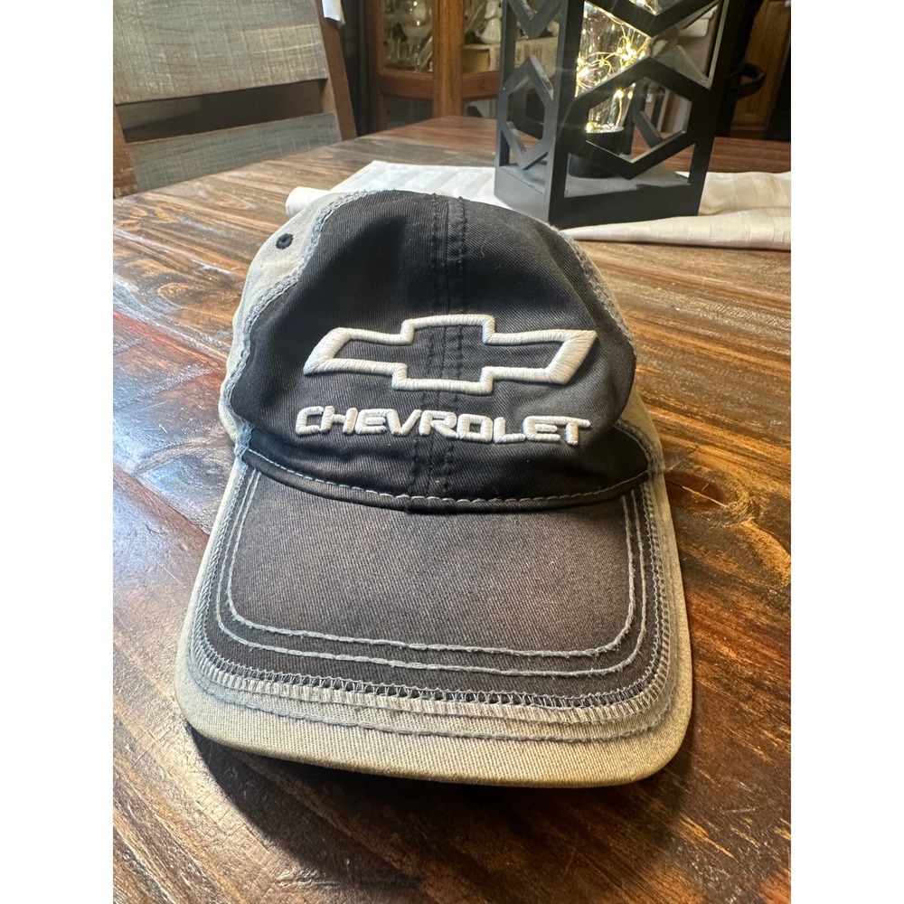 Chevrolet GM Licensed Two Tone Distressed Baseball Cap Black Tan Embroidered Hat